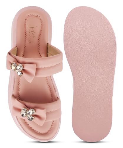 JM LOOKS Women Open Toe Stone Embellished Platform Heels Sandals with Bows Peach
