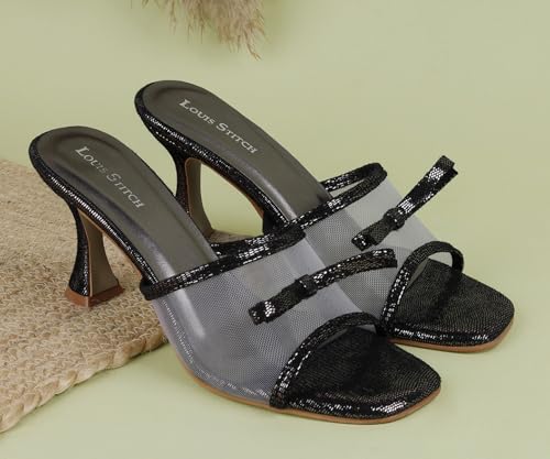 LOUIS STITCH Black Stylish Transparent High Heels Sandal for Women | Pointed Heel Fashionable & Comfortable Sandal | LSOF-LDPH-BWNTJB | UK-7