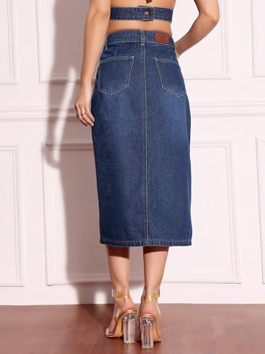 Miss Chase Women's Dark A-Line High-Rise Non-Stretchable Denim Midi Skirt (MCAW24DEN79-29-576-32, Gentian Blue, 32)