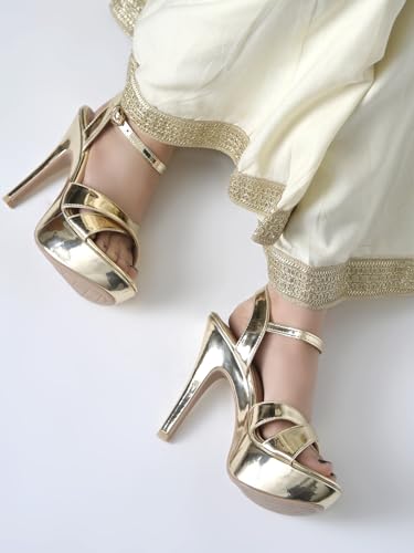 Shoetopia Women's Platform Golden High Heel Sandals – Open Toe Stiletto Heels with Ankle Strap, Patent Party Dress Shoes Casual, Ethnic, Party & Wedding EU36