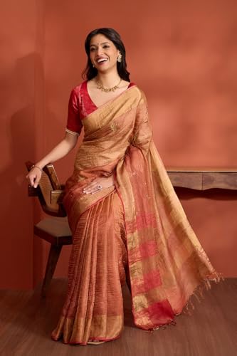 Taneira Women Dark Orange Pure Silk Tissue Embroidered Saree with Unstitched Blouse Piece (SHH08H00120-Dark Orange)