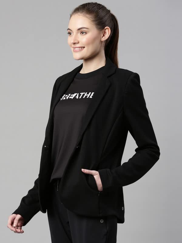 Enamor Athleisure Slim Fit Single Breasted One Button Sporty Blazer for Women with 2 Side Zipper Pockets - A903 | Quick Dry & Antimicrobial Finish Blazer (A903_Jet Black_XXL)