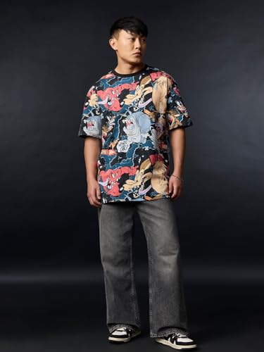The Souled Store Looney Tunes: Chaotic Men and Boys Short Sleeves Round Neck Black Graphic Printed Casual Lightweight Drop Shoulder Streetwear Trendy Cotton Oversized T-Shirt