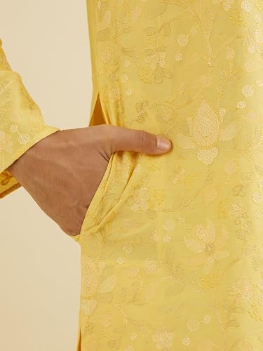 Manyavar Men's Viscose Blend Embroidery Kurta Set (Yellow,XL)