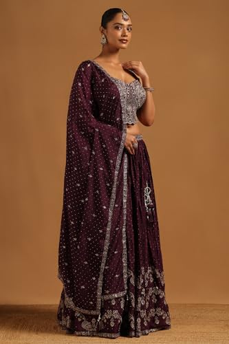 Soch Womens Wine Chinon Floral Lehenga Choli Set With Stone Work