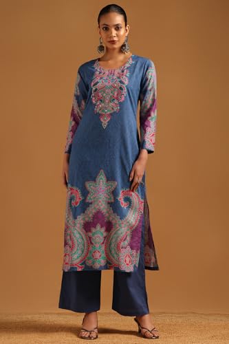 Soch Womens Blue Cotton Botanical Salwar Suit With Sequins