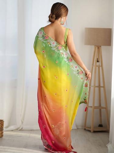 AKHILAM Women's Yellow Georgette Embroidered Saree With Unstitched Blouse (KESARI10703_KR)