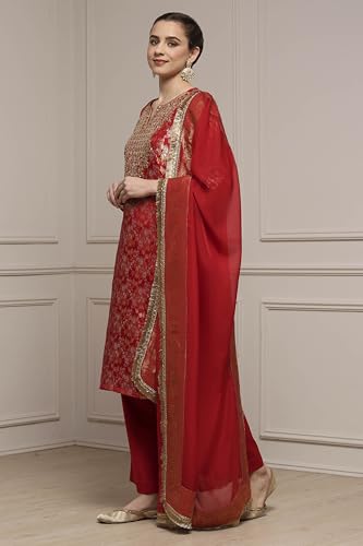 Biba Women Red Viscose Rayon Straight Yarndyed Suit Set_34
