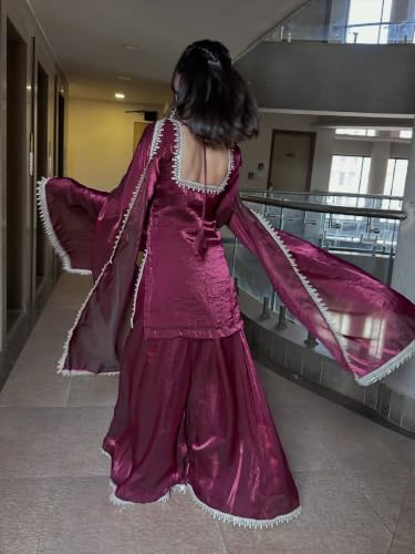 Women's Wine Kurti With Sharara And Dupatta, Silver Lace Border