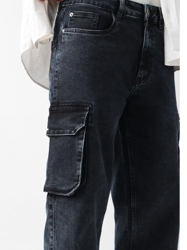 The Souled Store Solids: Stone Grey Men and Boys Buttoned Straight Fit Cargo Jeans