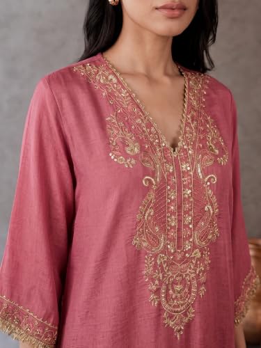 Varanga Women Kaftan Kurta Trousers Set V Neck Short Sleeves Silk Blend