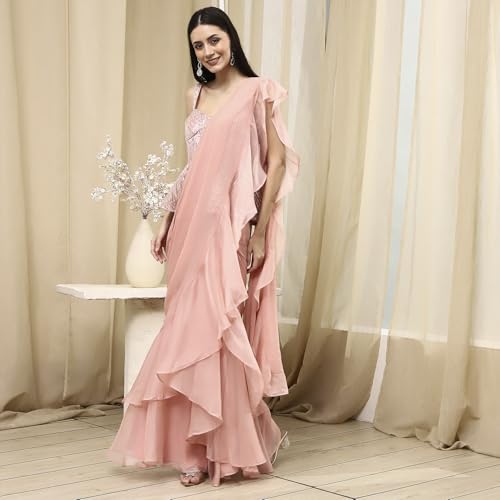 BIBA Women Nude-Colored Peplum Pre-Draped Saree_30