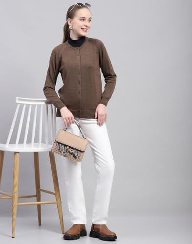 Monte Carlo Womens Solid Dark Brown Round Neck Full Sleeve Cardigan