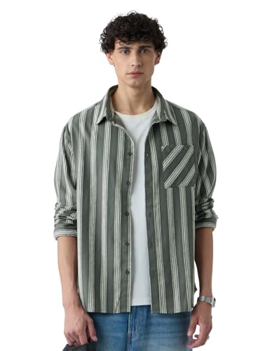 The Souled Store Textured Stripes: Grey Men and Boys Long Sleeves Collared Neck Button Front Cotton Relaxed Shirts