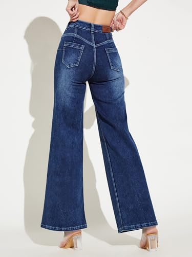 Miss Chase Women's High Rise Clean Look Regular-Length Stretchable Denim Wide-Leg Shaping Jeans (MCAW25DEN62-56-458-32, True Blue, 32)