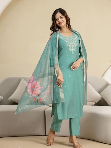 TRENDMALLS Women's Roman Silk Embroidery Kurta Pant with Dupatta Set (G372-Turquoise-3XL-)