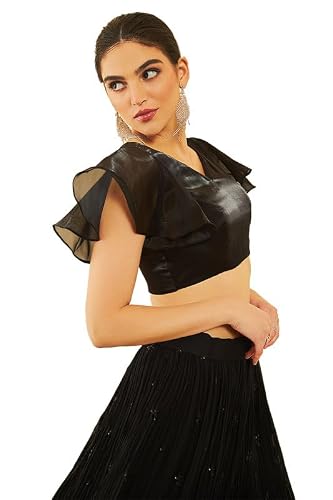 Soch Womens Black Organza Flutter Sleeves Blouse with Princess-Line
