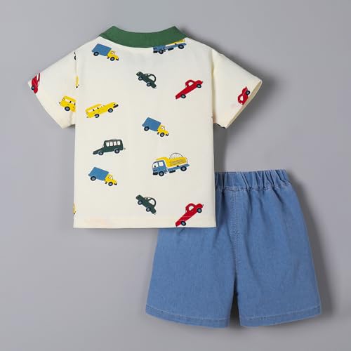 Hopscotch Boys Short Sleeves Cream Vehicle Print Short Set For Ages (18-24 Months)