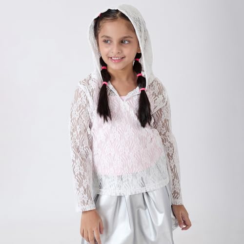 Hopscotch Girls Floral Lace Hooded T-Shirt with Tank Top in White Color for Age (9-10 Years)