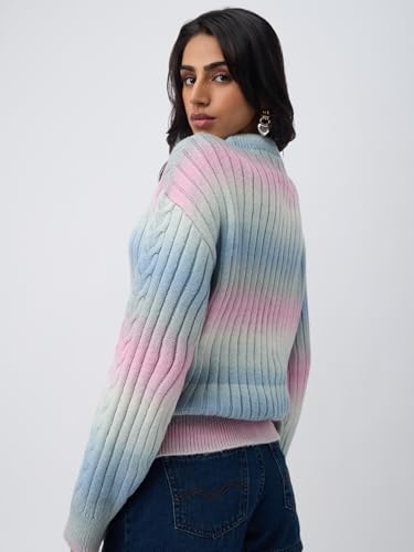 The Souled Store Blushwood Women and Girls Full Sleeves Round Neck Light Blue Pink Pastel Tie Dye Acrylic Polyester Ribbed Knit Casual Winter Oversized Pullovers