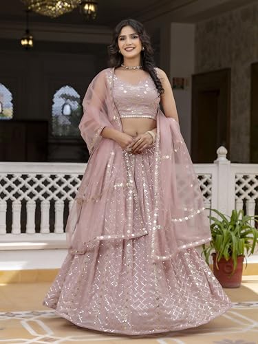 TRENDMALLS Women's Georgette Sequin Embroidery Work Lehenga Choli with Dupatta For Women (L300-LightPink-Semi-Stitch)
