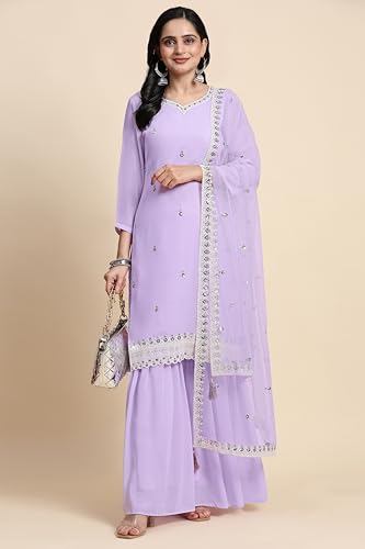 TRENDMALLS Women's Georgette Embroidery Sequins Work Kurta Sharara Set with Dupatta (G251-LightPurple-XXL)