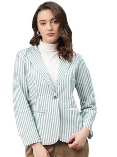 Cottinfab Women White & Green Striped Cotton Formal Single Breasted Blazer