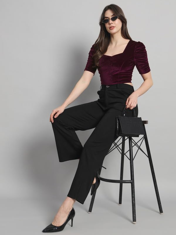 Vaararo Velvet Blouse Tops for Women | Party Puff Sleeves Readymade Outfit Wine XXX-Large