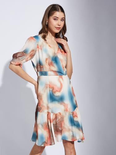 Latin Quarters Women Orange V-Neck Half Sleeve Printed A-Line Dress_XL