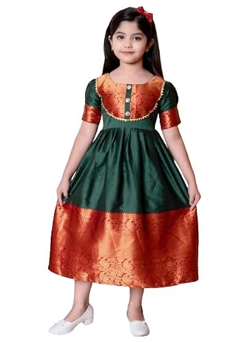 DRIJHA South Indian Style Girls Frock Festive Special Frock Khan Saree Dress Saree Silk Fabric Dress for Girls Khan Gown for Ganpati Festival Silk Frock. (in, Age, 4 Years, 5 Years, Green)