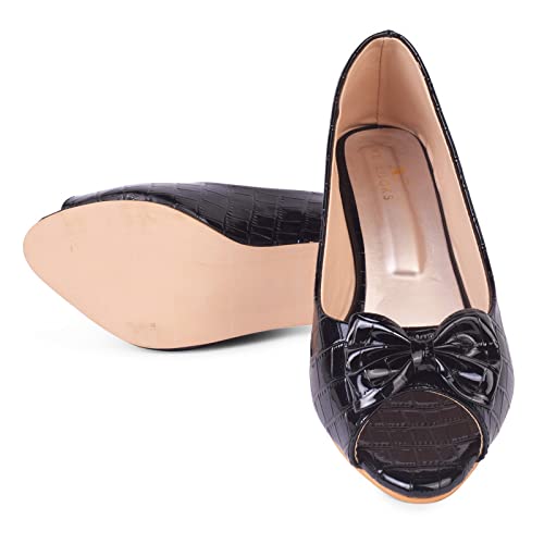 XE Looks Women's Black Patent Peep-Toe Heels | Textured Glossy Finish with Bow Design | Stylish, Comfortable & Trendy Kitten Heel Pumps For Girls & Women