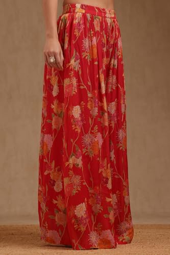 Soch Womens Red Chinon Floral Print Suit Set With Thread Work