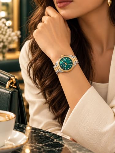 French Connection | Green MOP Dial | Dated Display | Gold Two Tone Stainless Steel Bracelet Strap | Quartz Watch for Women - FCND4NTM