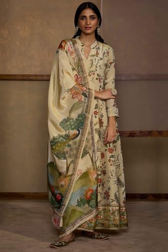 Soch Womens Beige Viscose Floral Print Gown with Cutdana