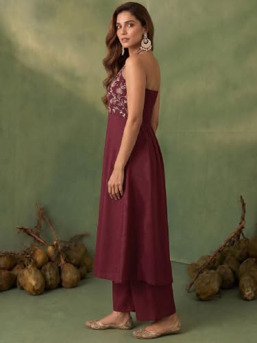 Varanga womens Maroon Halter-Neck Embroidered Anarkali Set