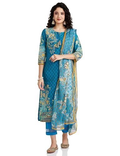 BIBA Cotton Women Printed Straight Salwar Kurta Dupatta(Skdassorted7483E_Turquoise_34)