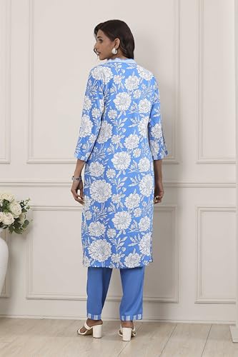 Biba Women Blue Viscose Rayon Straight Suit Set_32