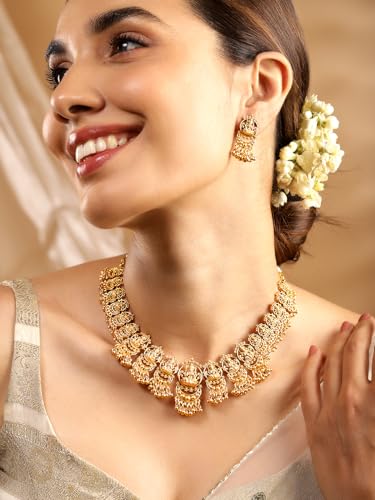 Rubans 24K Gold-Plated Handcrafted Antique Artificial Temple Jewelry Set-Lakshmi Motif And Matching Earrings For Women and Girls – Perfect for Weddings and Special Occasions