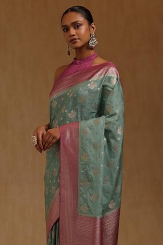Soch Womens Light Blue Viscose Silk Floral Zari Woven Saree