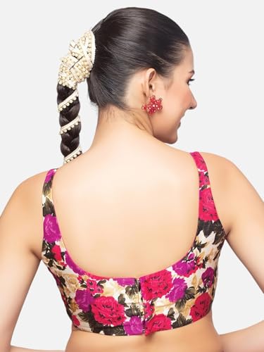 Biyu Women's Art Silk Floral Solid Round Neck Sleeveless Readymade Saree Blouse (Multi, 40)