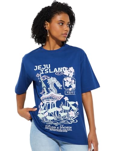 Max URB_N Women Oversized Printed T-Shirt (Blue_XXL)