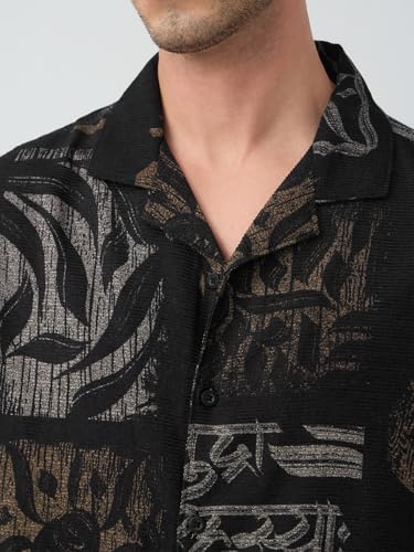 The Souled Store: Echoes of Harappa Men and Boys Short Sleeve Spread Collar Button Front Black Abstract Printed Polyester Viscose Blend Oversized Shirt