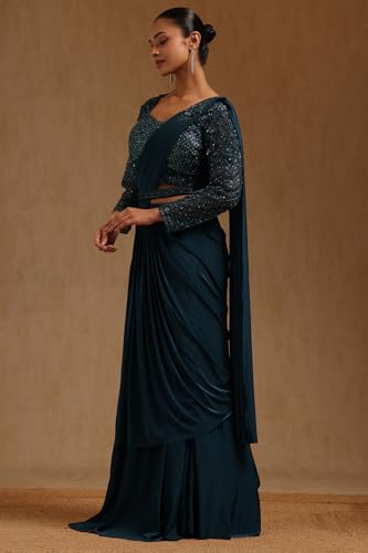 Soch Womens Blue Spandex Solid Ready To Wear Saree