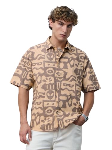 The Souled Store Oversized Shirt: Marine Men and Boys Short Sleeves Collared Neck Button Front Brown All Over Printed Cotton Oversized Shirts