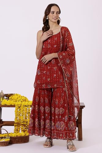 W Red Floral Printed Straight Kurta, Sharara Pant & Dupatta for Women (Size: M)-24AUWS12588-125772