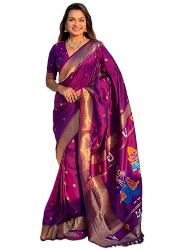 Panzora Women's Purple Paithani Silk Saree With Unstitched Blouse Piece