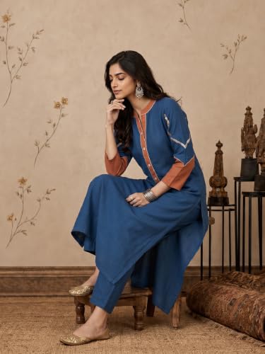 Varanga Women Blue With Rust A Line Kurta Trousers Set Mandarin Collar