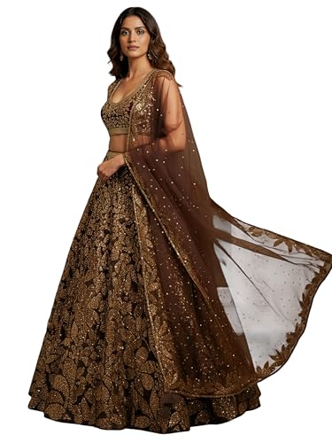 Zeel Clothing Women's Sequins Embroidered Soft Net Lehenga Choli With Dupatta (5106-Brown-Womens-Lehenga-Choli-Latest; Free size) (Brown)