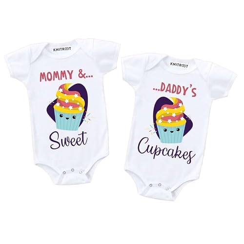KNITROOT Twin Romper, Unisex Baby Kids Twin Onesies, Half Sleeve Bottom Snap Button, White Cotton Bodysuit, Sleepsuit, Mommy Sweet Daddy Cupcakes, 0-3 Months, For Twin Baby Boys & Girls