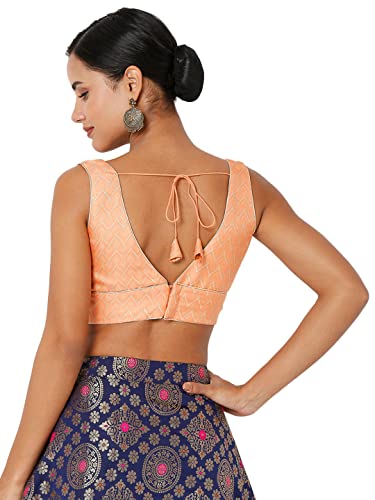 SALWAR STUDIO S Women's Peach Brocade Self Design Readymade Saree Blouse-SSB4180-PECH